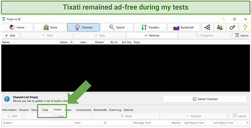 A screenshot showing Tixati offers an ad-free torrenting experience