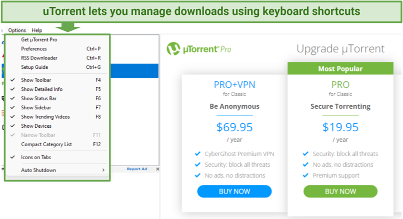 A screenshot showing uTorrent supports several keyboard shortcuts