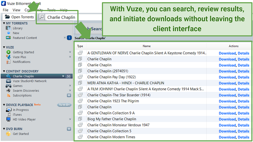 A screenshot showing Vuze comes with a built-in search engine