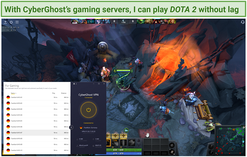 Image shows CyberGhost connected to a Gaming optimized server with a DOTA 2 battle behind it