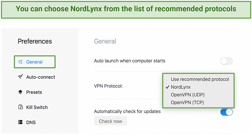 Screenshot of NordVPN general preferences window