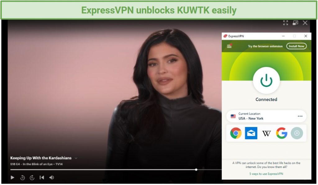 Image of watching KUWTK on Hulu with the ExpressVPN app running