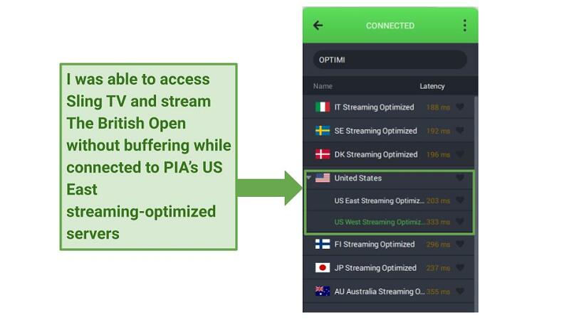 Screenshot of PIA app displaying servers optimized for smooth streaming.