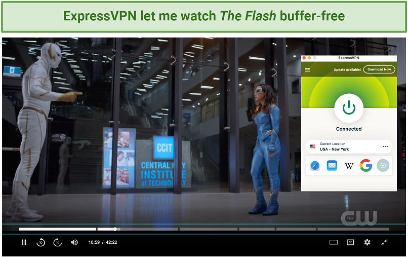 A screenshot showing The Flash playing on The CW while connected to ExpressVPN's NY server