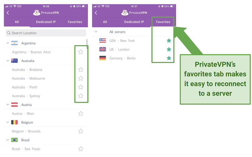 Screenshot of PrivateVPN's iOS app highlighting the 'favorites' teb