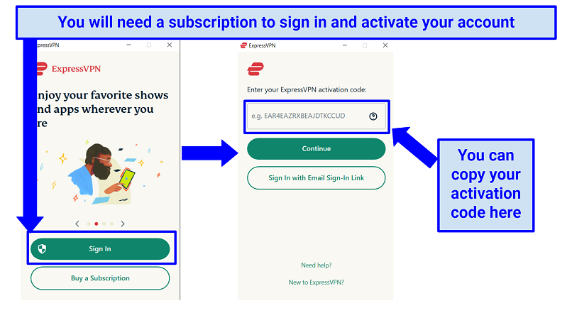 Image showing how to sign in and activate ExpressVPN with different screenshots of the VPN app.