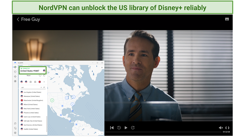 A screenshot of Disney+ unblocked with an NordVPN's server in the US