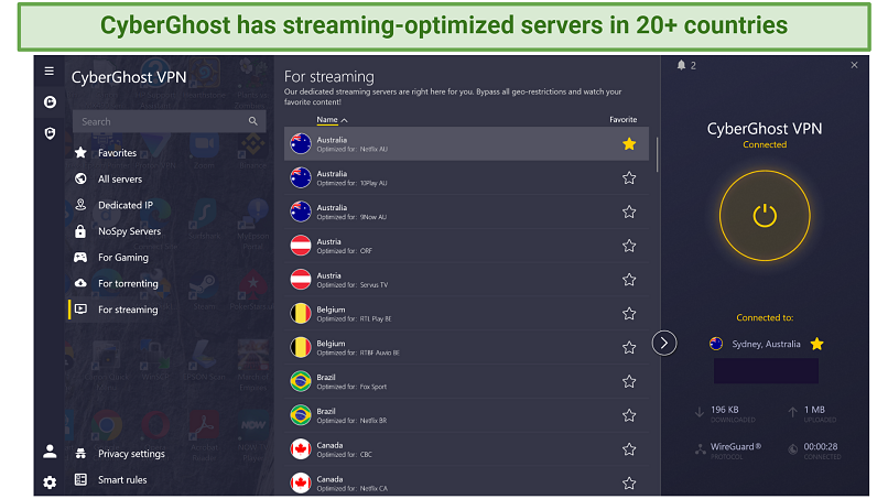 Screenshot showing CyberGhost's streaming optimized server on the Windows app