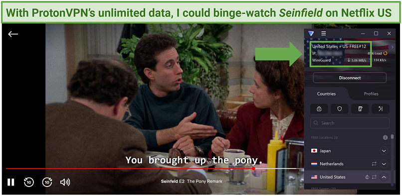 Screenshot of Seinfield streaming on Netflix with ProtonVPN connected