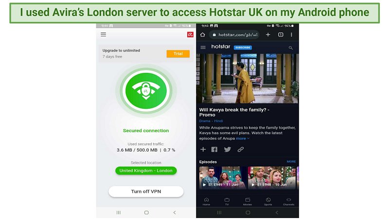 A screenshot of Hotstar's UK library on an Android phone while connected to Avira Phantom VPN's London server