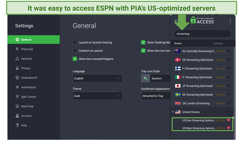 A screenshot of PIA's interface showing optimized servers for streaming.