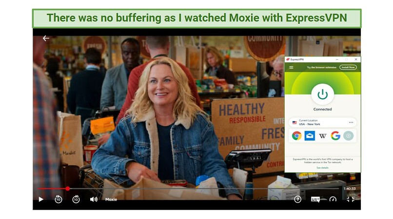 Screenshot showing Moxie being watched on Netflix while connected to ExpressVPN's New York server