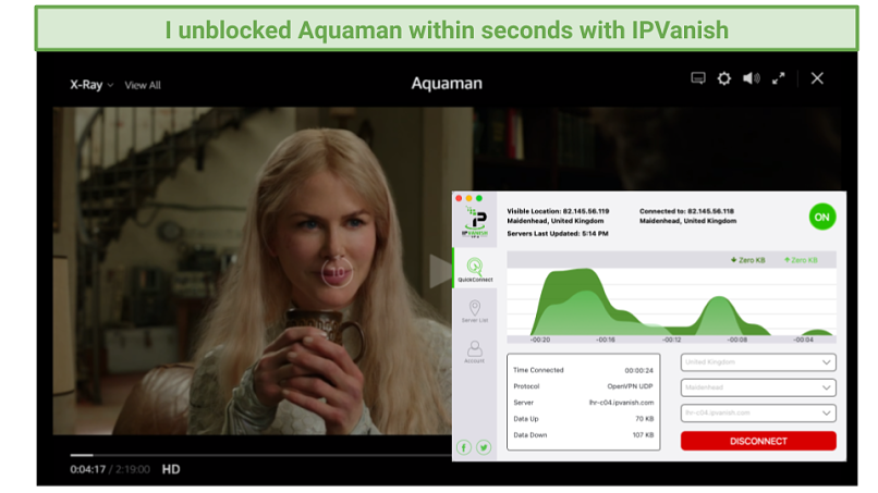 screenshot of Amazon Prime Video player streaming Aquaman unblocked by IPVanish