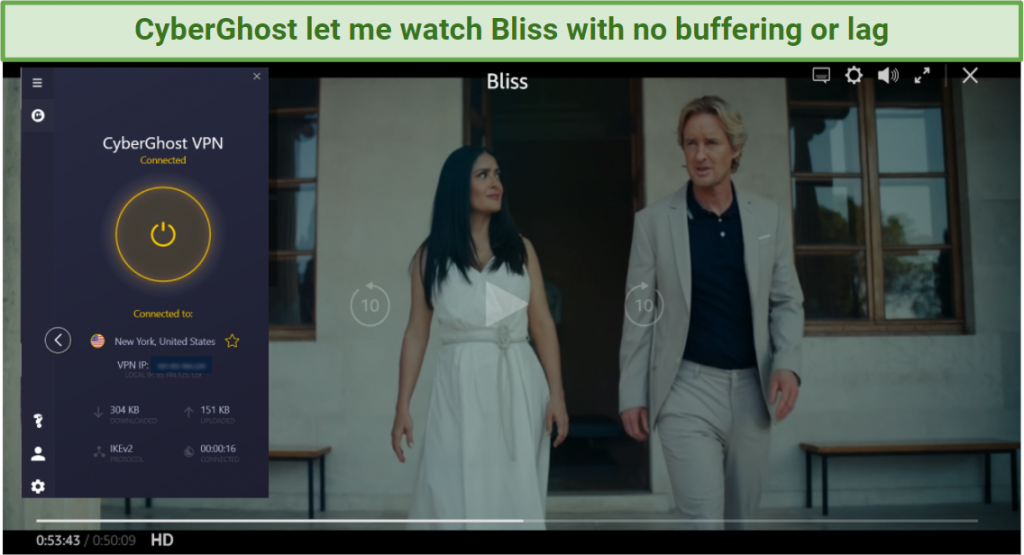 Screenshot of Bliss streaming on Amazon Prime Video using CyberGhost's US servers