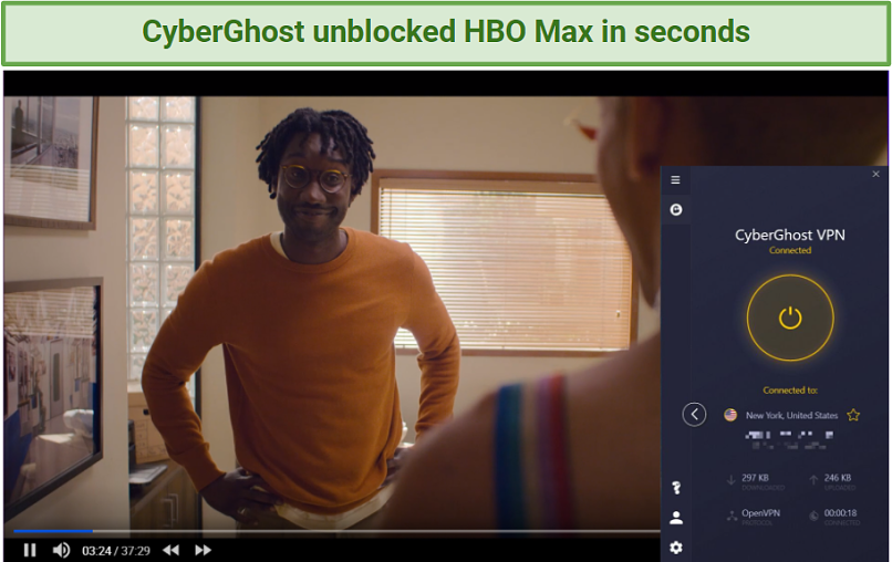 Screenshot showing HBO Max streaming Generaion after connecting to a CyberGhost server in the US