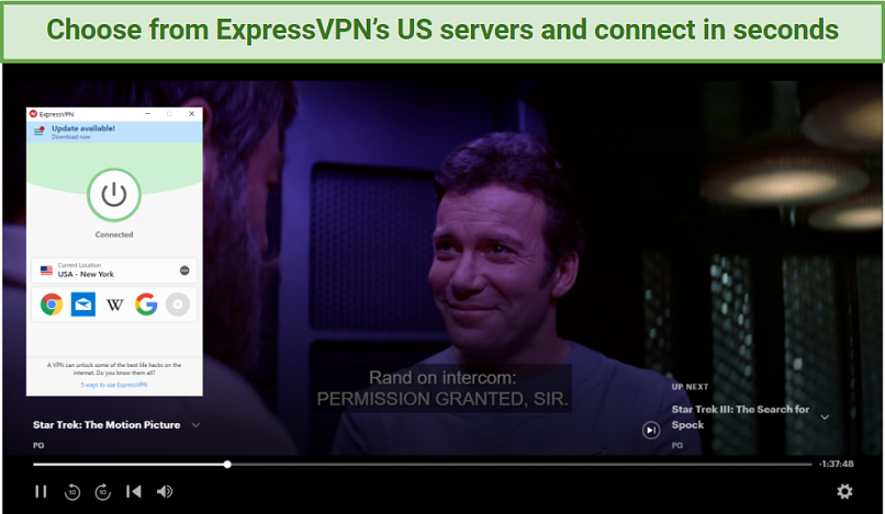 Screenshots showing Star Trek: The Motion Picture playing while ExpressVPN is connected to its New York servers