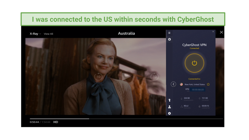 Graphic showing Australia streaming on Amazon Prime Video using CyberGhost's New York server