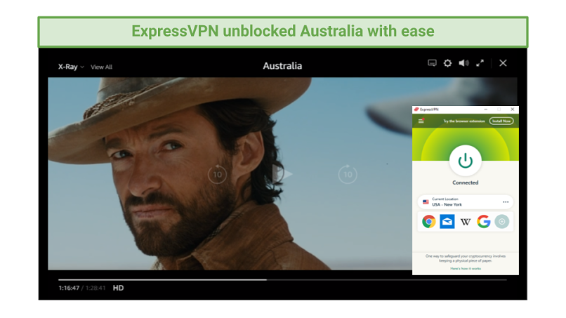 Graphic of Australia streaming on Amazon Prime Video using ExpressVPN's New York server