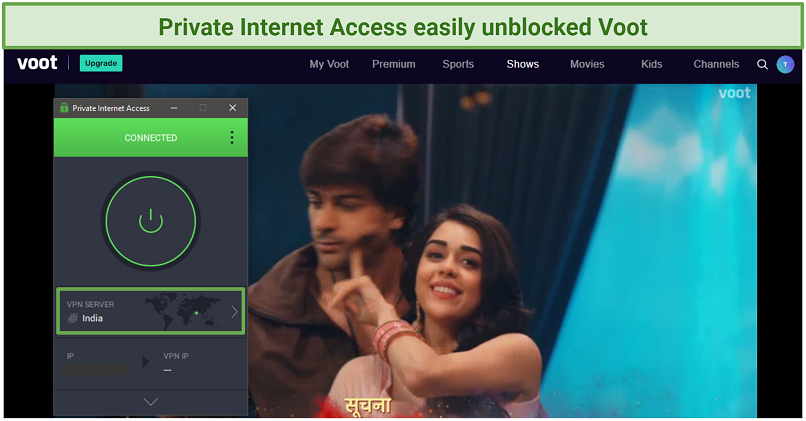 A screenshot of a show on Voot, with PIA connected to an Indian server