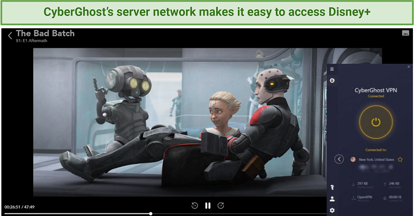 Screenshot showing The Bad Batch streaming on Disney+ after connecting to a US CyberGhost server