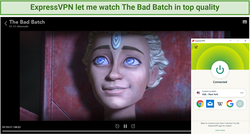 Screenshot showing The Bad Batch streaming on Disney+ after connecting to a US ExpressVPN server