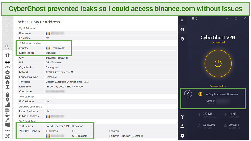 Screenshot of CyberGhost's NoSpy servers successfully passing leak tests