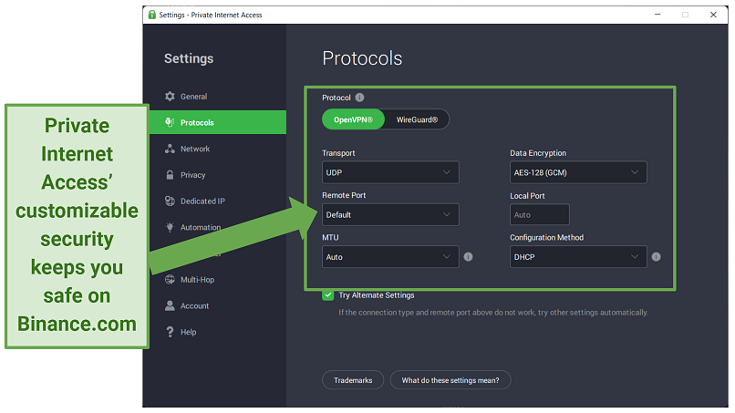 PIA's app displaying customizable security options, including protocols and encryption levels