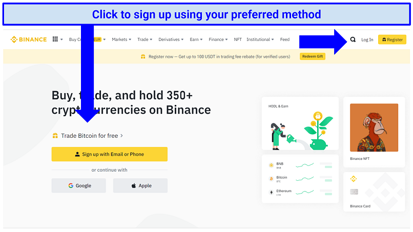 Binance's homepage indicating where to click to sign up for an account