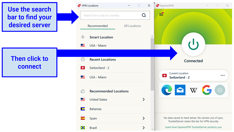 ExpressVPN's app displaying its server list and the VPN being connected to Switzerland