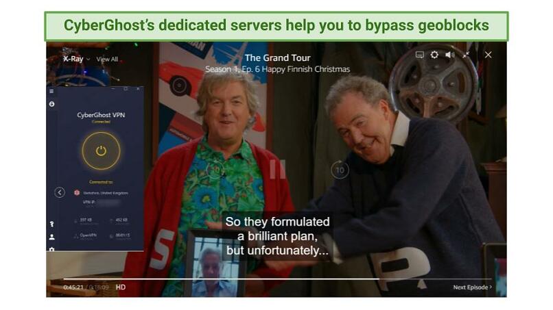 screenshot showing The Grand Tour playing on Amazon Prime Video while connected to CyberGhost's UK servers