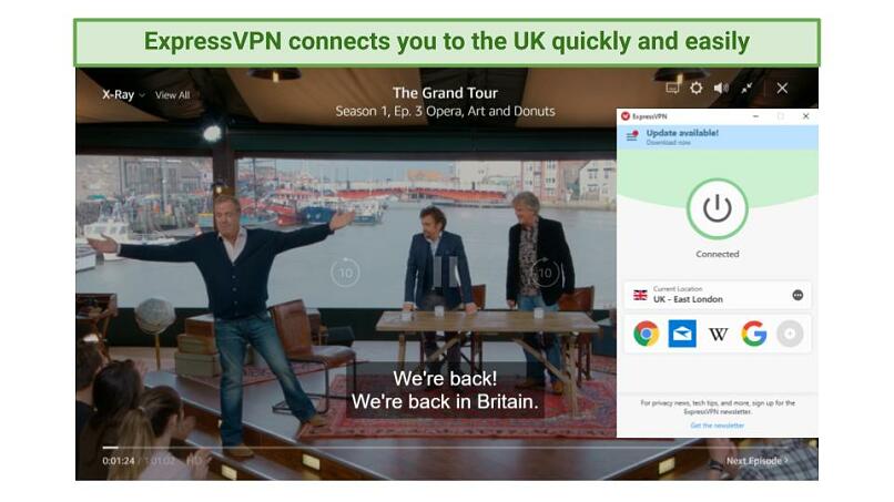 screenshot showing The Grand Tour playing on Amazon Prime Video while connected to ExpressVPN's UK servers