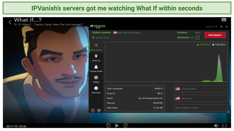 A screenshot of IPVanish being used to stream What If on Disney+.