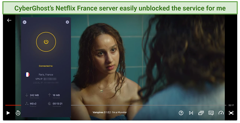 Graphic showing CyberGhost with Netflix France