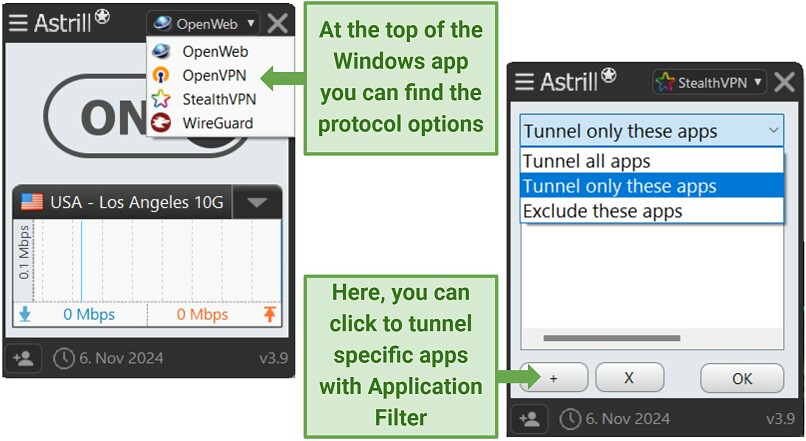 Screenshot showing Astrill VPN's protocol options and its Application Filter option