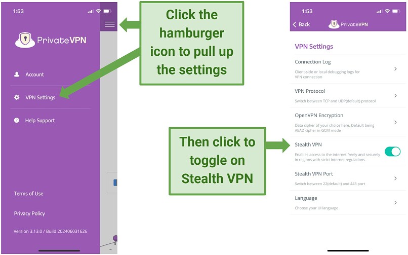 Screenshot showing the iOS PrivateVPN app settings and how to enable Stealth VPN.