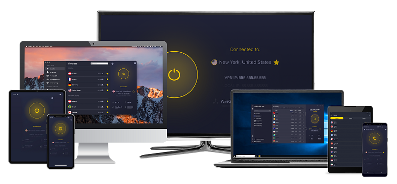 Γραφικό του CyberGhost 8 Apps Interface χρήστη σε διαφορετικές συσκευές όπως φορητούς υπολογιστές, επιτραπέζιους υπολογιστές και smartphones