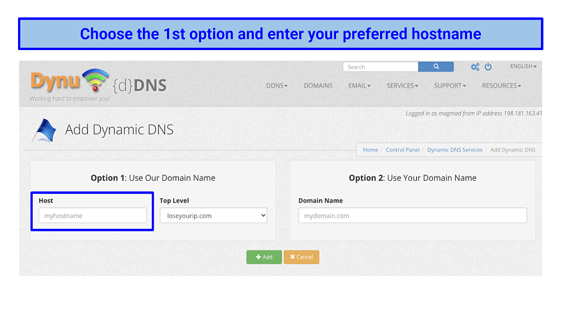 Screenshot of creating a DDNS hostname with the Dynu service