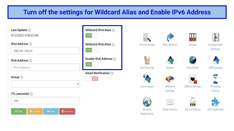 Screenshot of the dynamic DNS service settings