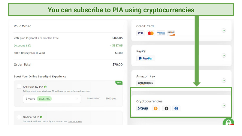 A screenshot of PIA subscription methods
