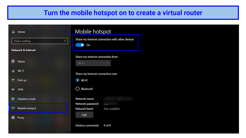 Screenshot of the Windows mobile hotspot settings panel