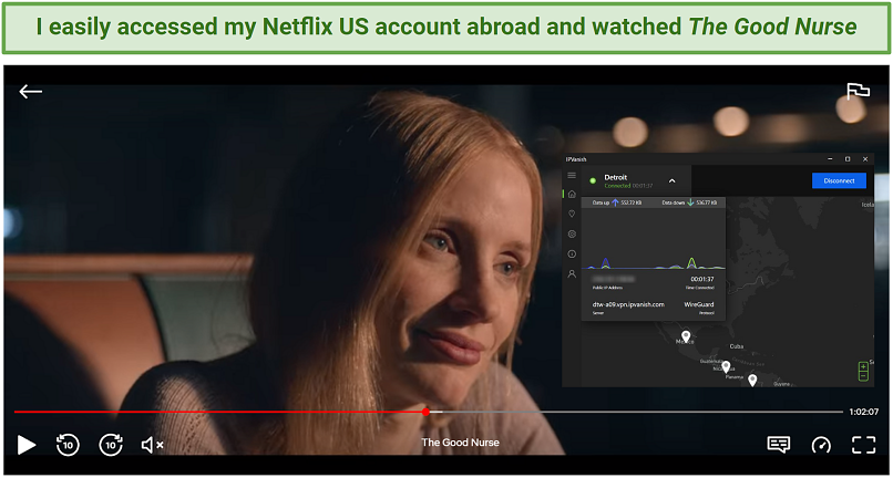 Screenshot of IPVanish successfully unblocking Netflix.