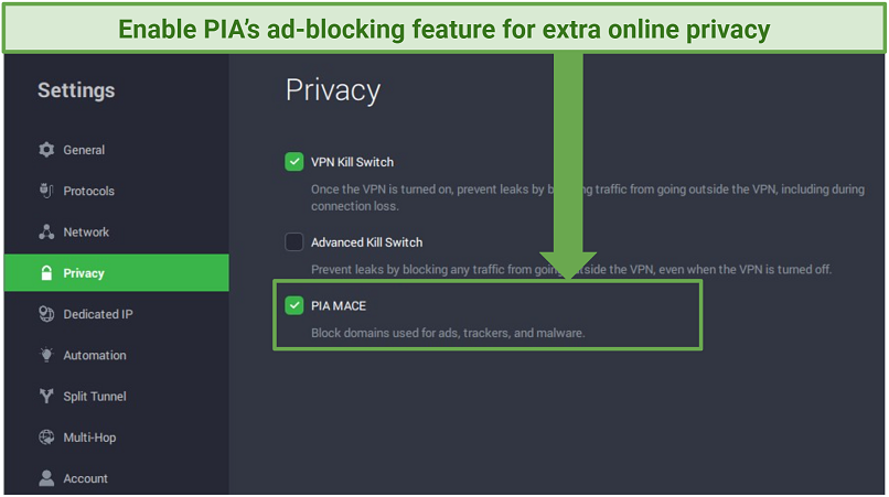 A screenshot of PIA MACE ad-blocking feature turned on