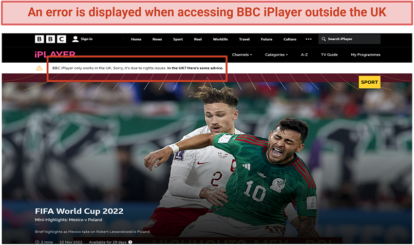 Screenshot of BBC iPlayer geoblocked error