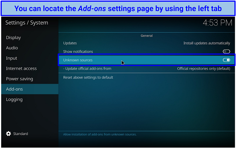 Screenshot of Kodi's Add-ons Settings page