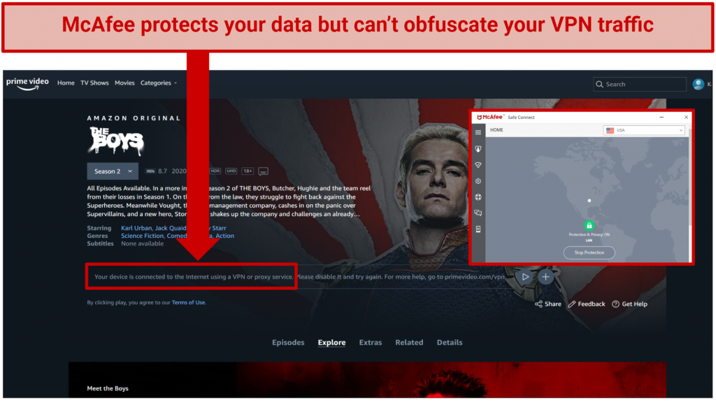 Screenshot of Amazon Prime Video blocking McAfee VPN