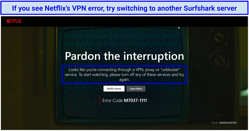 A screenshot of Netflix's VPN or proxy detection error