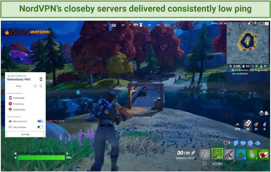 Screenshot of NordVPN working well with Fortnite.