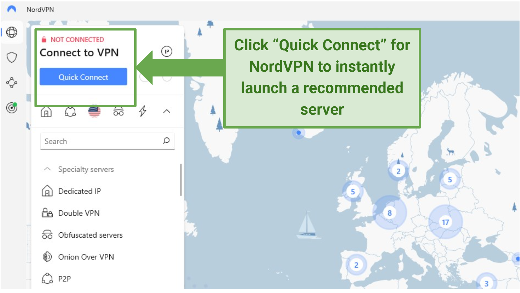 A screenshot of NordVPN's Quick Connect feature