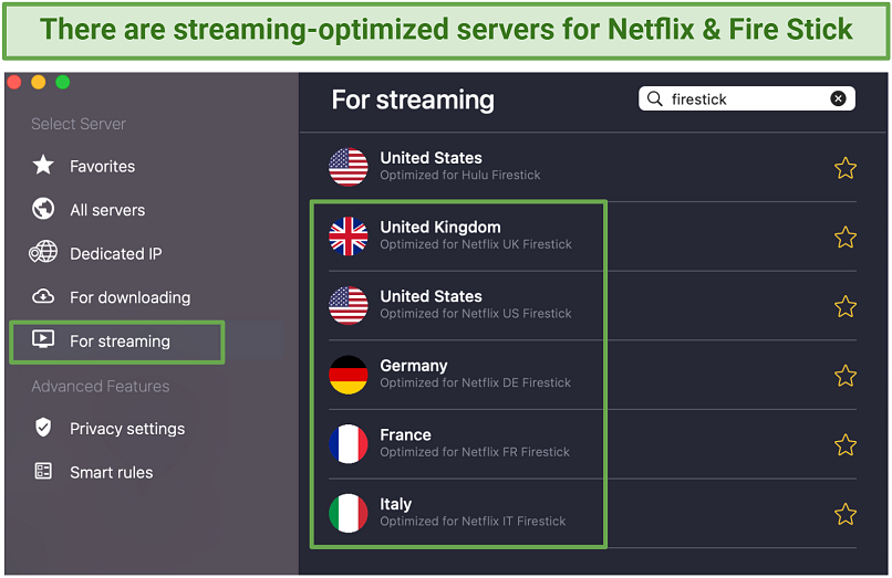 Screenshot of CyberGhost's streaming-optimized servers