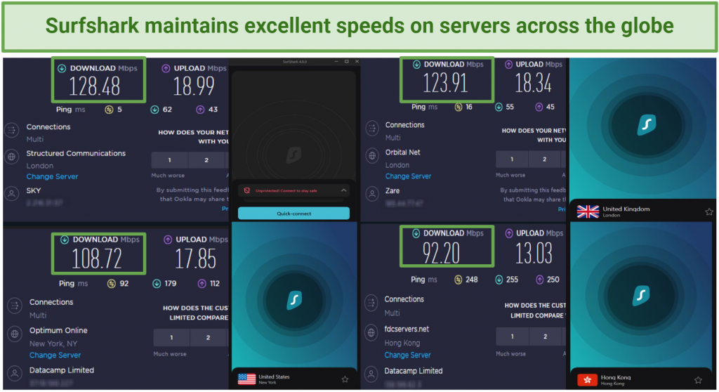 Pictures of Surfshark's VPN speed test on servers in the US, UK, and Asia (Hong Kong)